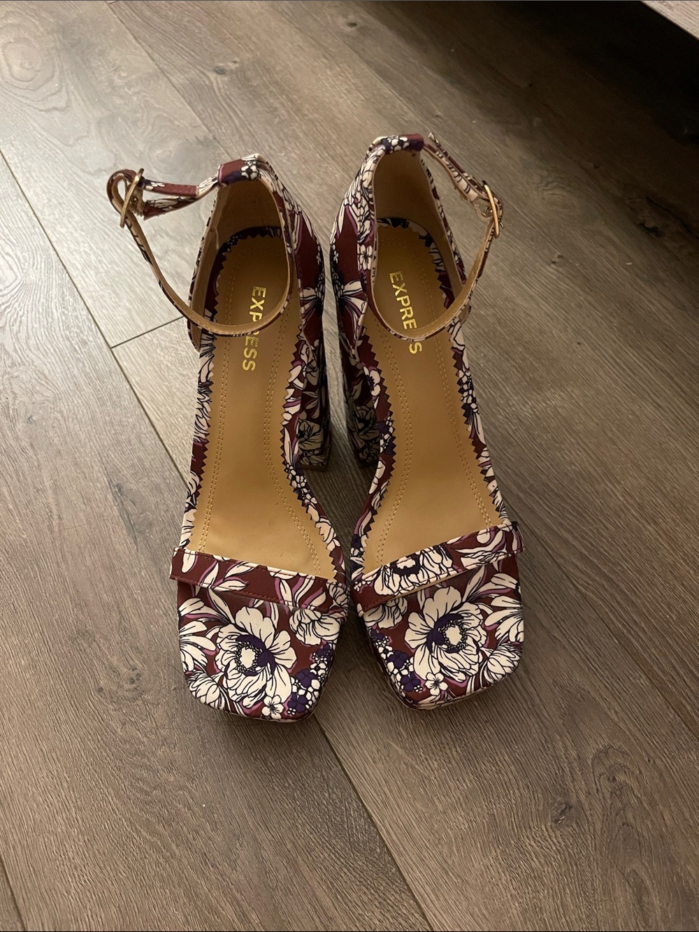 Express Burgundy Floral Ankle-Strap Block Heels